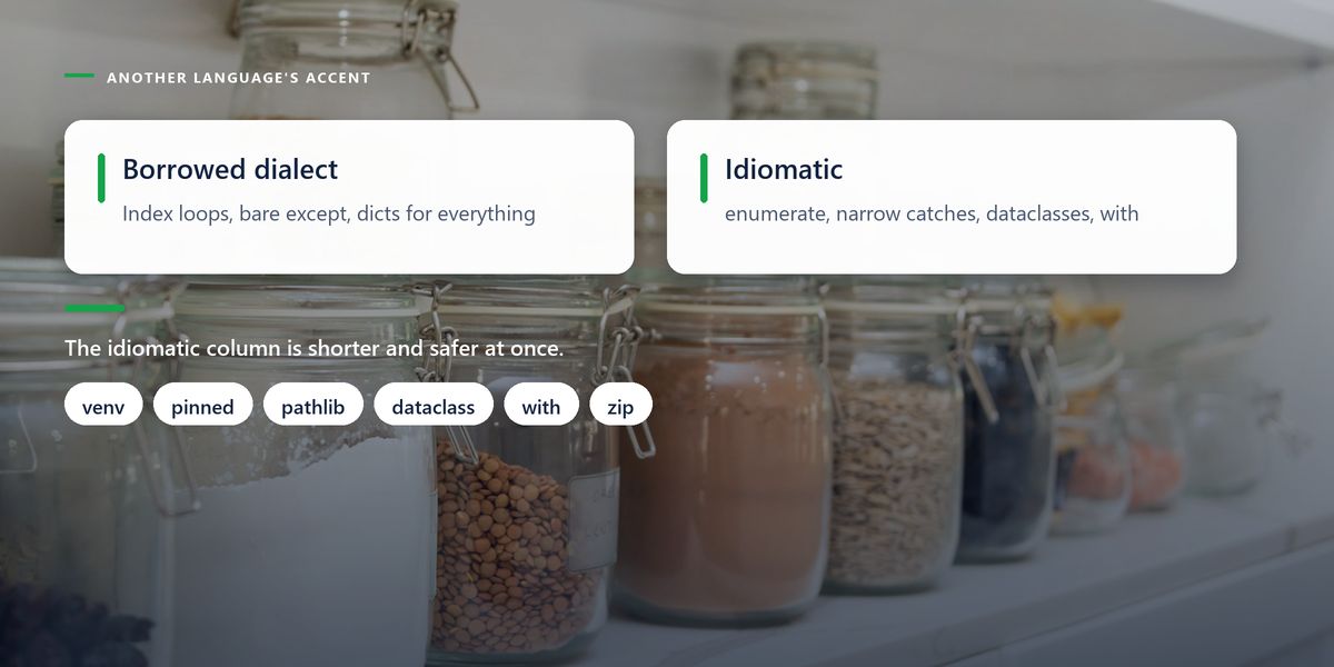 Sealed glass storage jars lined on a pantry shelf, darkened behind a drawn split comparing borrowed dialect with idiomatic Python.