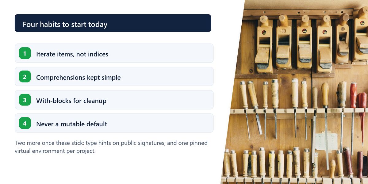 A wall rack of woodworking hand tools in tidy rows, beside a numbered list of four core Python habits.