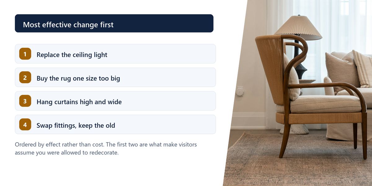 A daylit corner with an armchair, a shaded lamp and a rug under sheer curtains, beside a numbered list of rental changes ranked by effect.