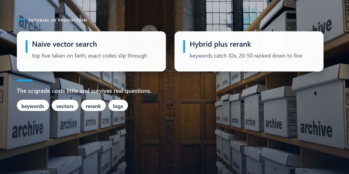 Shelves of labelled archive boxes darkened behind a split panel comparing naive vector search with a hybrid pipeline.