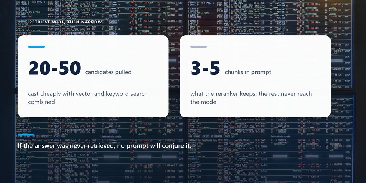 A large display packed with dense colour-coded rows of records, behind two figures on candidate counts before and after reranking.