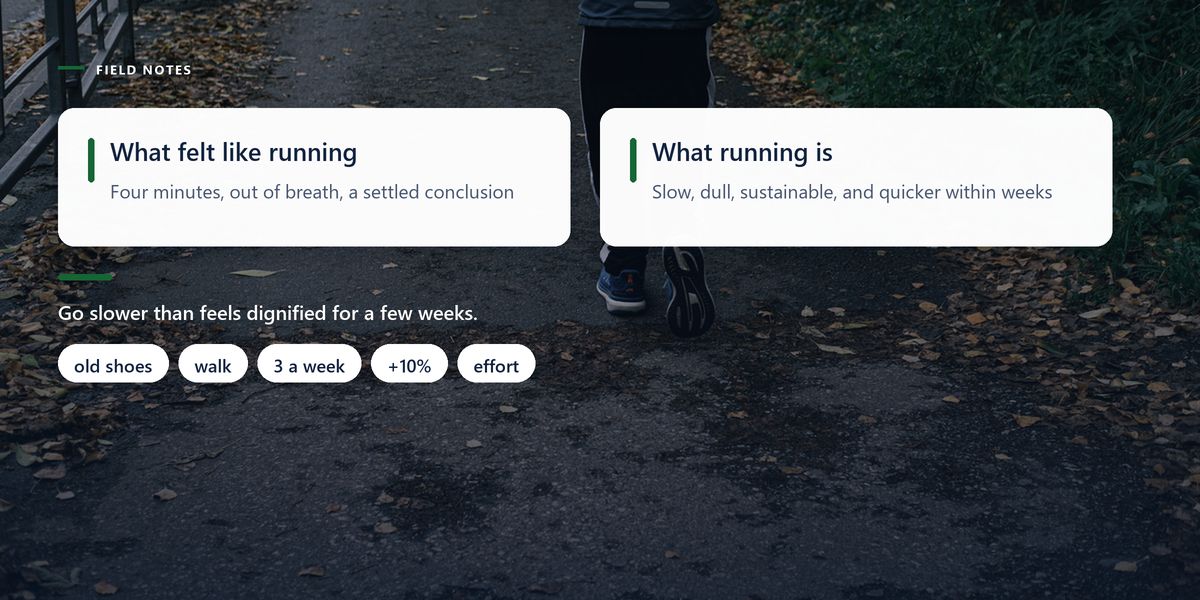 A walker from behind on a wet leaf-strewn path, darkened behind two panels separating what beginners think running is from what it should feel like.