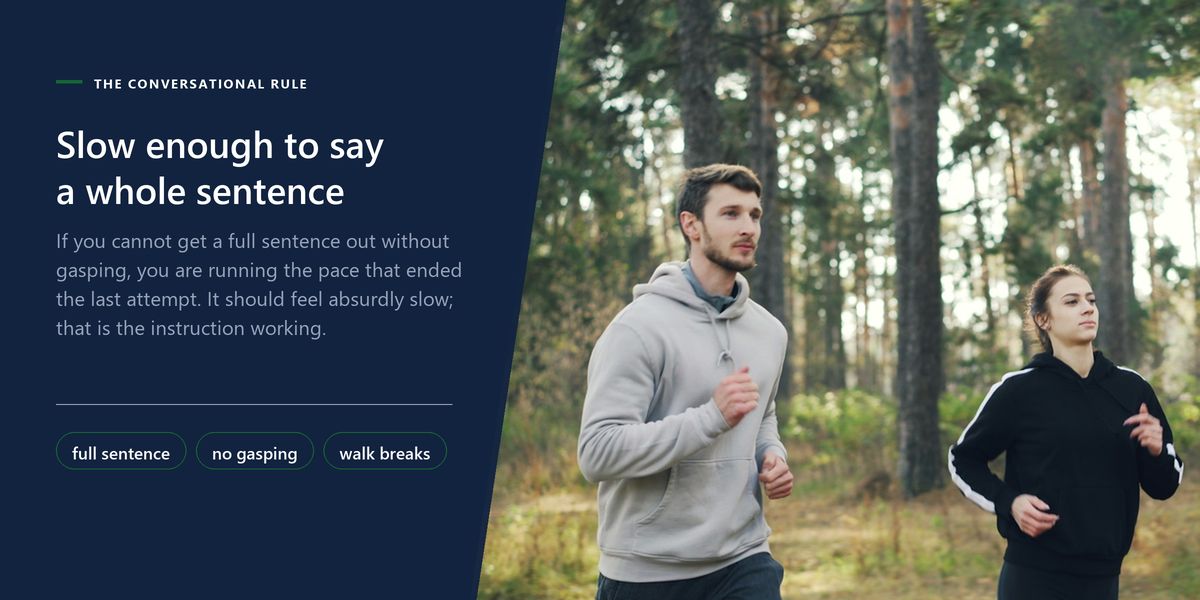 Two people in ordinary hoodies jogging side by side through a pine wood at an easy pace, beside a panel setting out the conversational-pace rule.