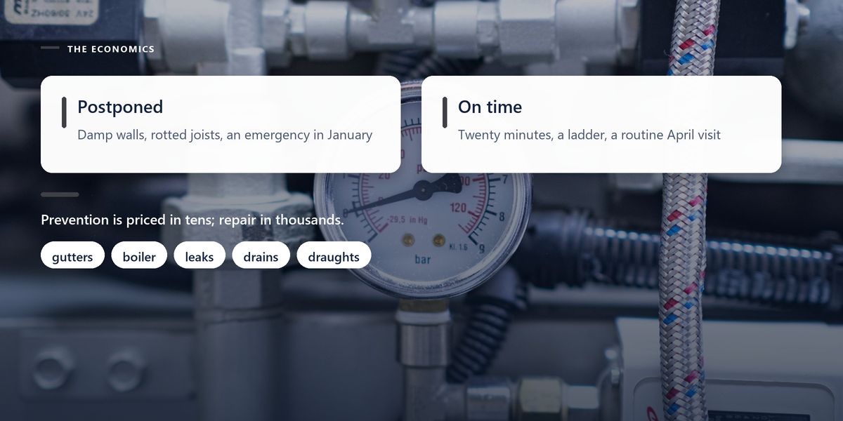 A pressure gauge among copper pipes and valves on a boiler, darkened behind two panels pricing the same jobs postponed and done on time.