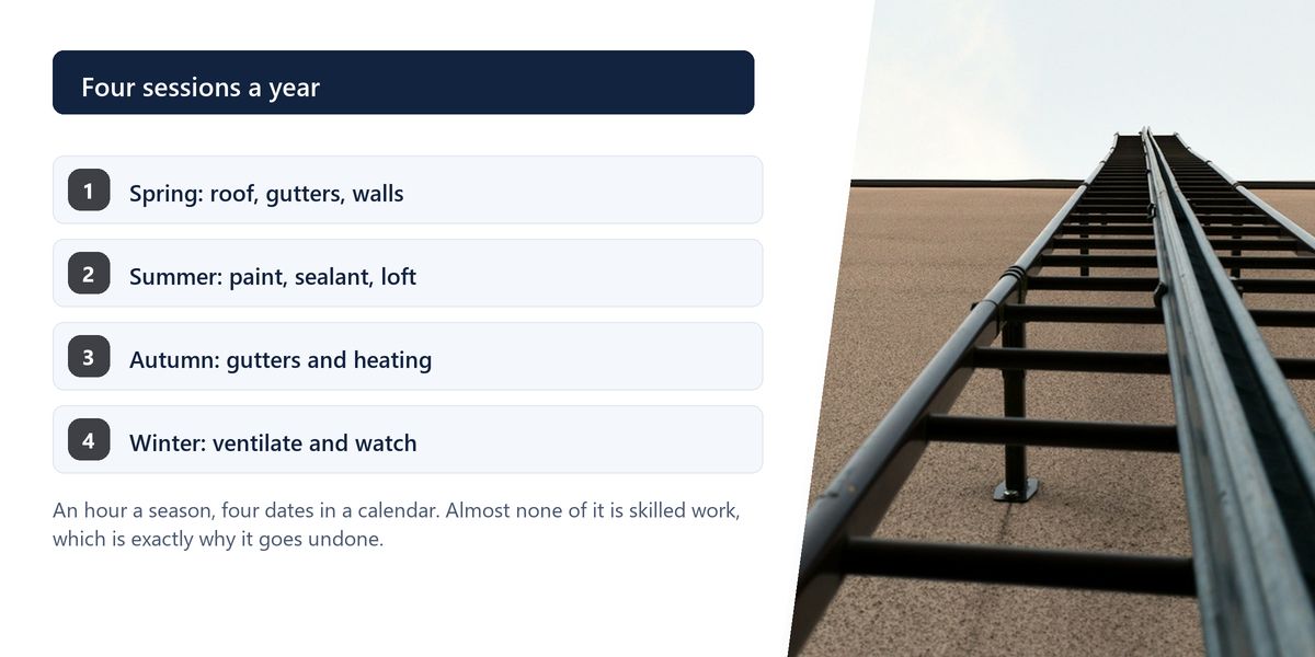 A metal ladder running up a plain wall into a pale sky, beside a numbered list of what each season's hour of maintenance covers.