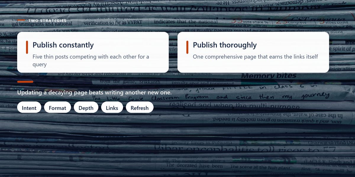 A tall stack of newspapers photographed edge-on, darkened behind two panels contrasting volume publishing with depth.