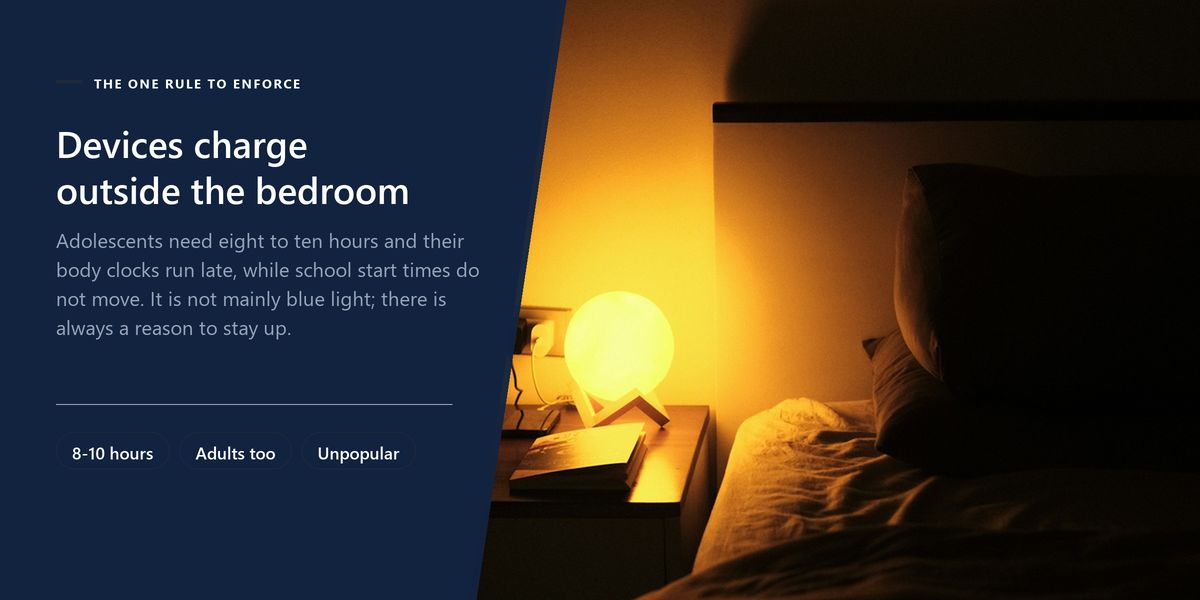 A dim bedroom at night with a lamp on the nightstand beside an unmade bed, next to a panel on charging devices outside bedrooms.