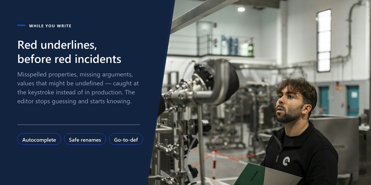 A factory inspector examines machinery with a folder in hand, beside a drawn banner on catching mistakes while typing.