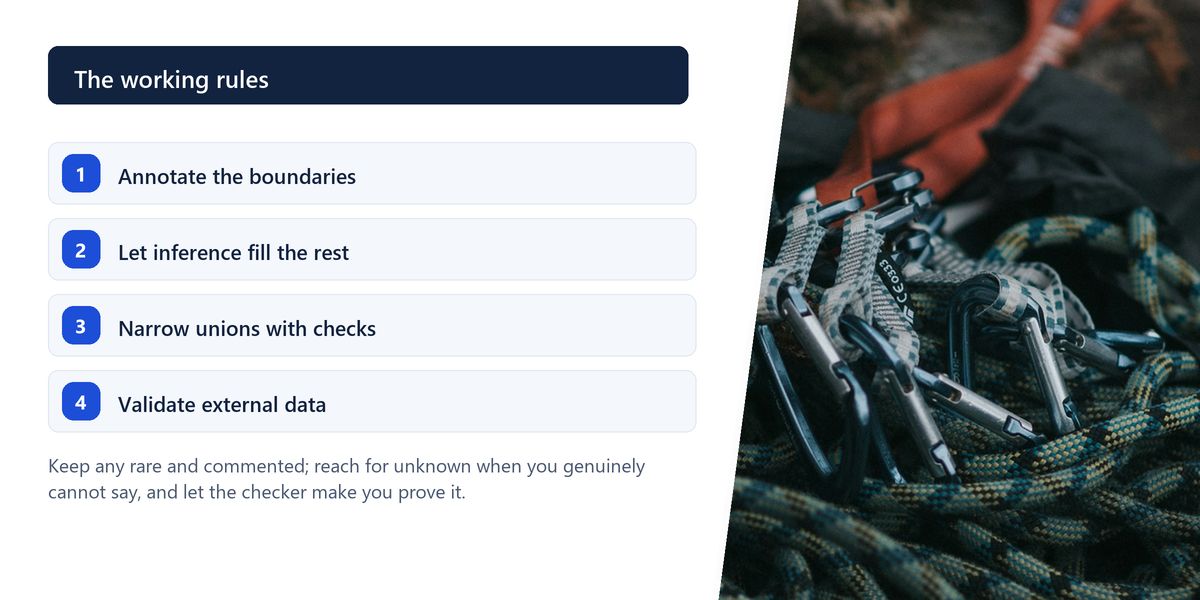 Coiled climbing rope and carabiners laid out for inspection, next to four numbered working rules for TypeScript.