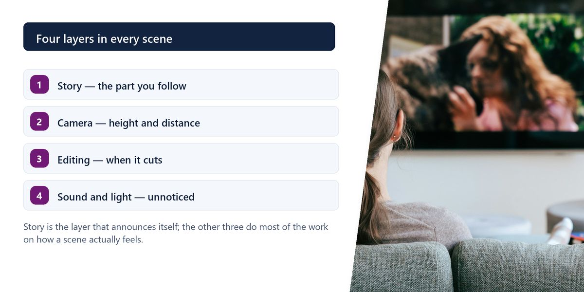 Two people watching a film from a sofa at home, beside a numbered list of the four layers working on them at once.