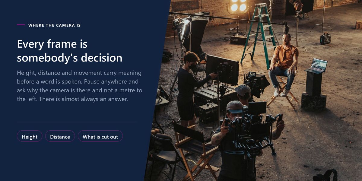 A film crew arranged around a camera and lights in a bare warehouse, next to a panel on where the camera is placed and why.