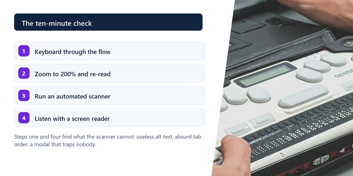 Hands working a refreshable braille display set below a computer keyboard, next to the four steps of the ten-minute accessibility check.