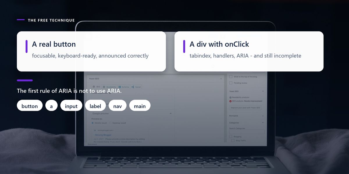 A laptop showing a web form with text fields and buttons, darkened behind panels contrasting a native button with a scripted div.
