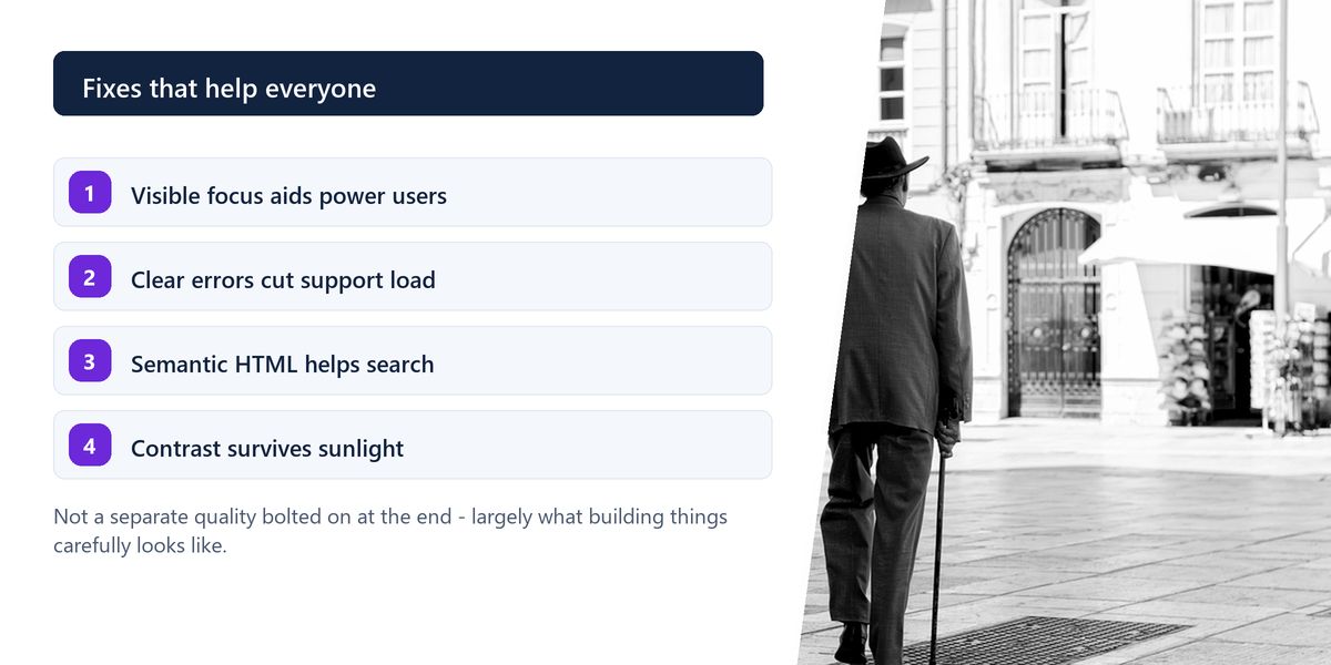 An elderly man with a walking cane crosses a city square in black and white, beside four accessibility fixes that benefit everybody.