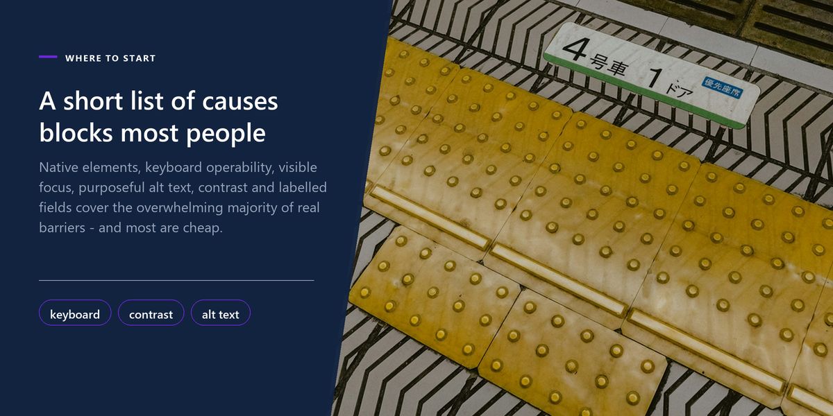 Yellow tactile paving running along a station platform edge, beside a banner on the short list of accessibility fixes.