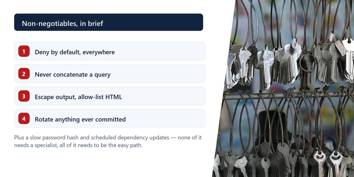 A locksmith's rack of hundreds of key blanks beside a numbered summary of the article's non-negotiable security rules.