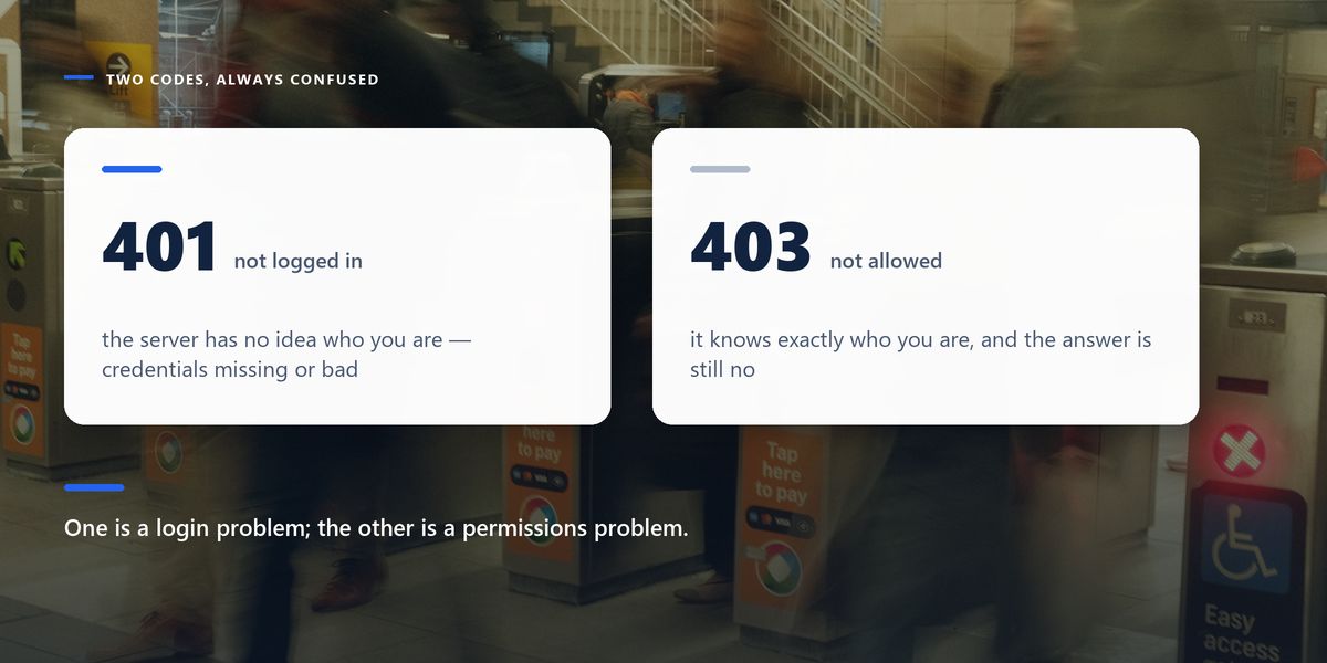 Commuters blur through station ticket gates, red crosses lit, behind cards separating status codes 401 and 403.
