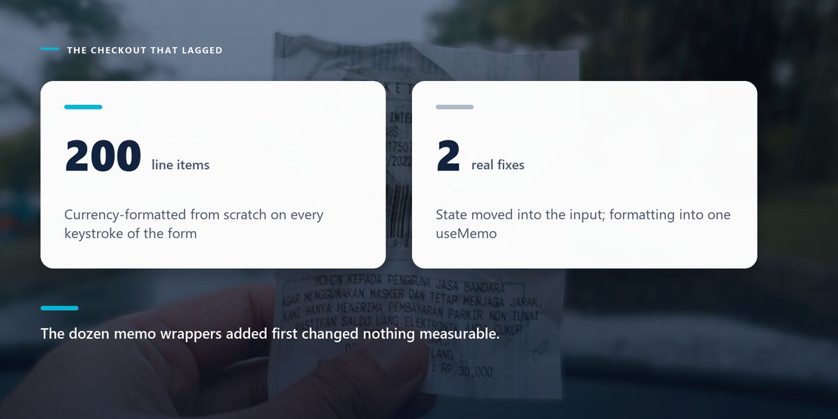 A hand holds a long till receipt outdoors, darkened behind two figures from a laggy checkout form and its two-line fix.