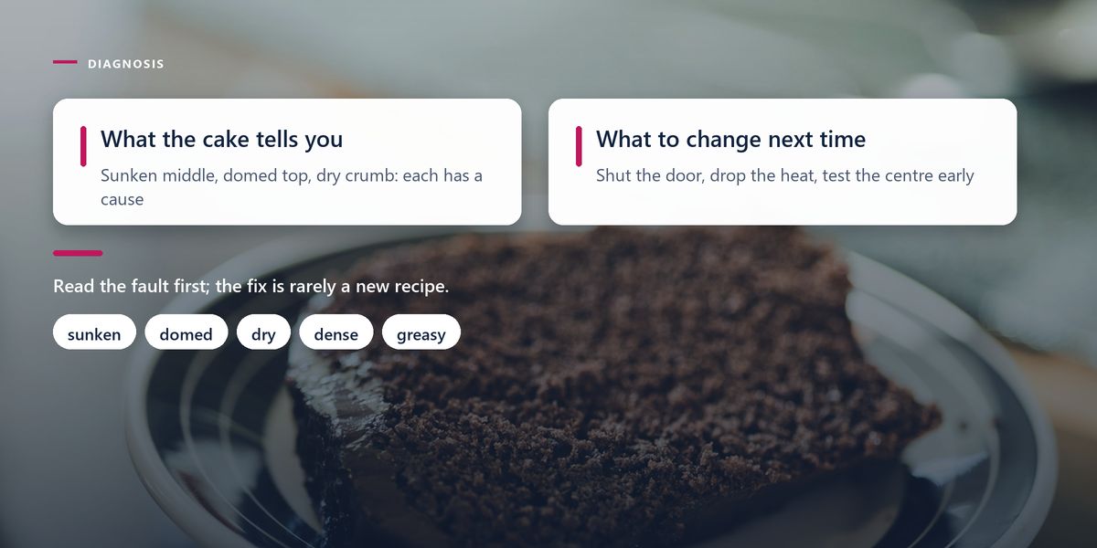 A dark slice of cake on a plate behind two panels pairing each visible fault with the change that fixes it.