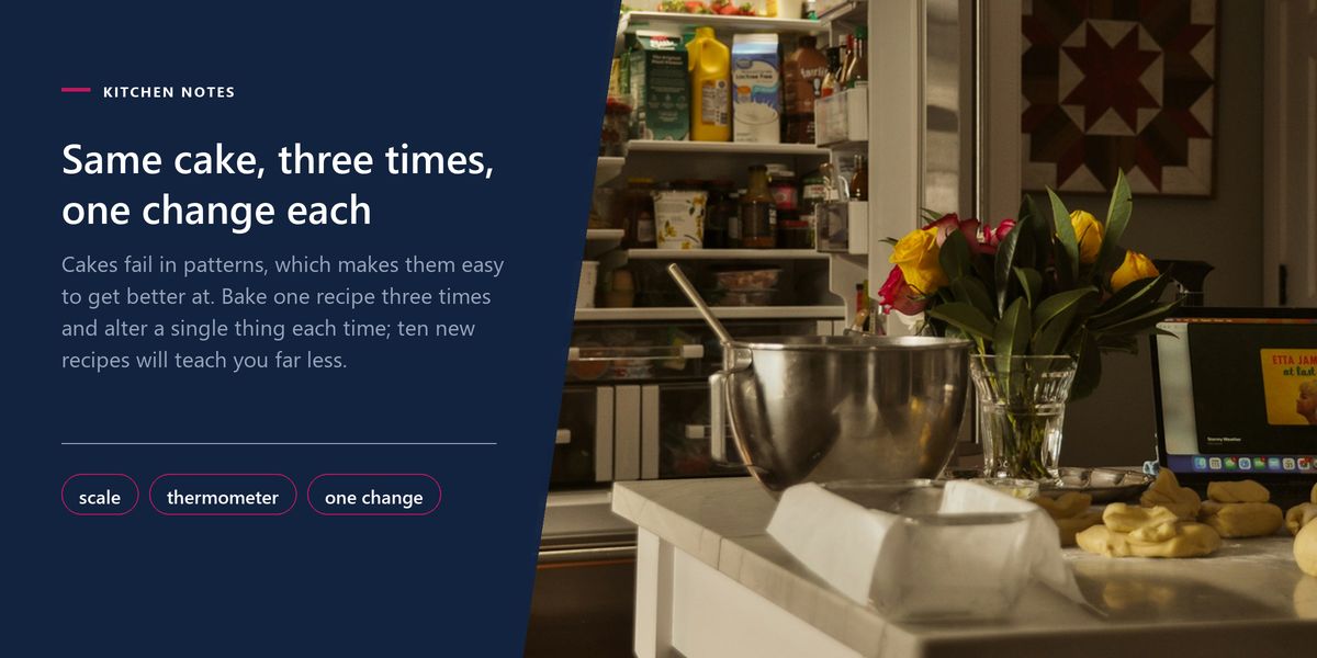 A lived-in home kitchen with dough on the counter and an open pantry, beside a panel arguing for repeating one recipe.