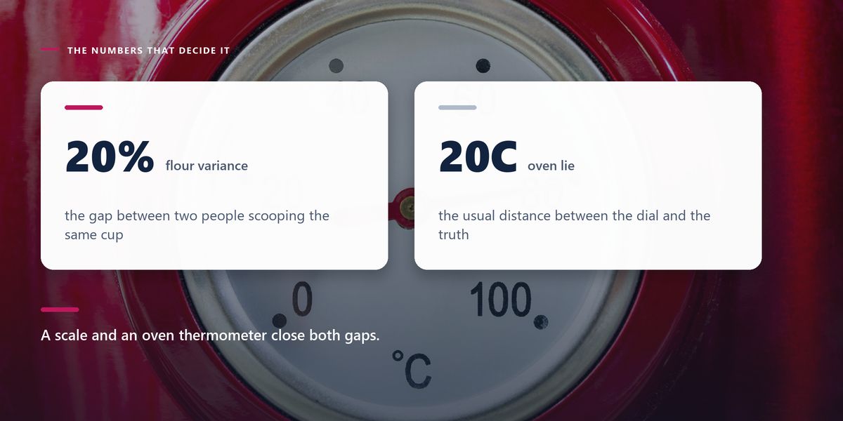 An oven thermometer in a red housing, dimmed behind two cards giving the 20% flour variance and the 20C oven lie.