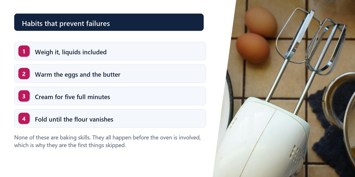 An overhead of flour, eggs and a hand mixer on tiles beside a numbered list of the four habits that prevent most cake failures.