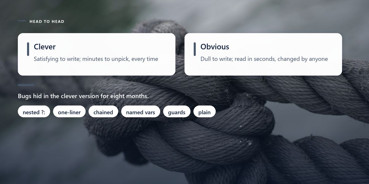 A heavy rope knot in close-up, darkened behind a drawn two-way comparison of clever code against obvious code.