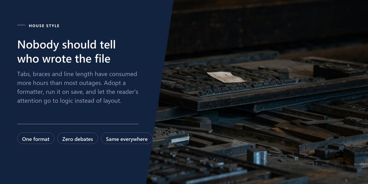 Trays of uniform metal printing type in a dark workshop, alongside a drawn banner on automated, consistent formatting.