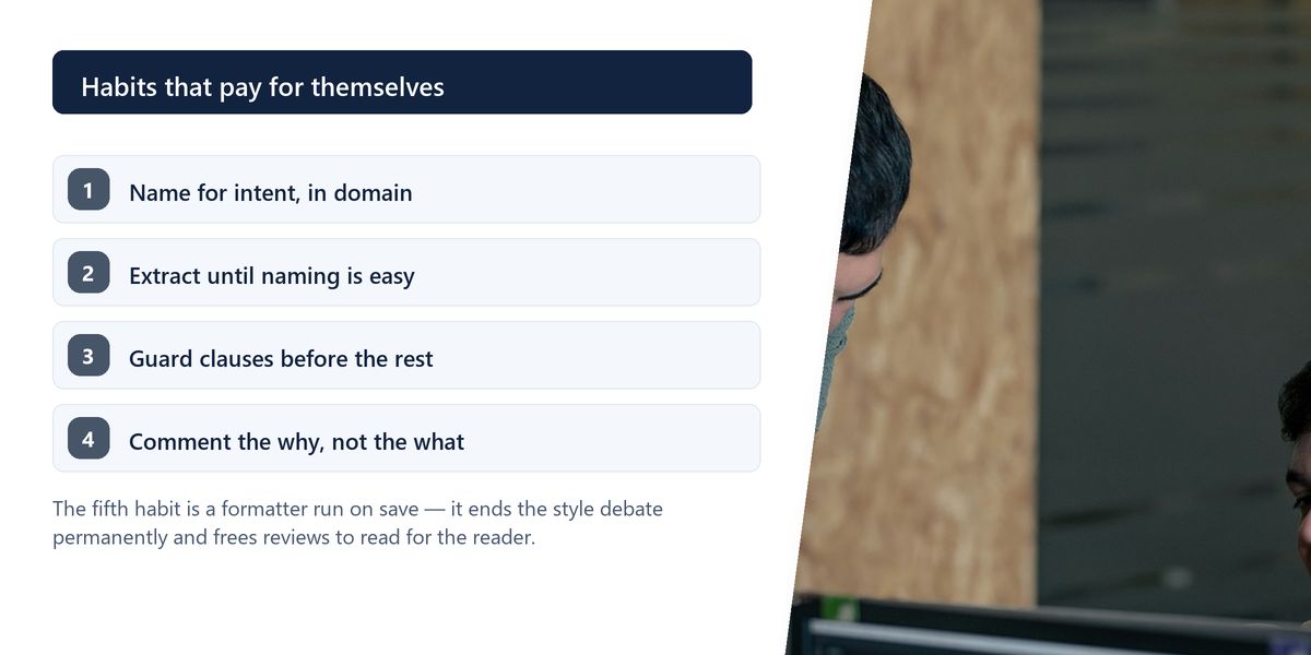 One developer leans over a colleague's monitor discussing code on screen, beside a numbered list of four readability habits.